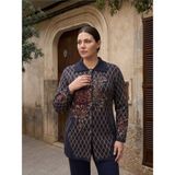 Onno Style Ekose Gül Pike Desenli Çelik Örgü Kadın Triko Kaban - 2XL - Lacivert