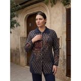 Onno Style Ekose Gül Pike Desenli Çelik Örgü Kadın Triko Kaban - XL - Lacivert