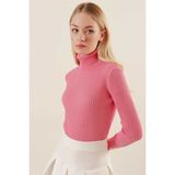 Onno Style Fitilli Balıkcı Yaka Bayan Kazak - Şeker Pembe - XL