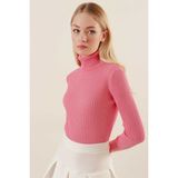Onno Style Fitilli Balıkcı Yaka Bayan Kazak - Şeker Pembe