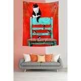 Ontheclouds Ahşap Sandalye Üzerindeki Kedi Kuşlar Leke Tutmaz Kumaş Duvar Örtüsü Duvar Halısı Tapestry, 70 x 100