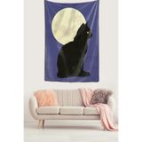 Ontheclouds Ay Gece Ve Kedi Temalı Leke Tutmaz Kadife Doku Kumaş Duvar Örtüsü Duvar Halısı Tapestry, 140 x 230