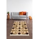 Ontheclouds Bej Geometrik Karo Desenli Dijital Baskı Yıkanabilir Kaymaz Taban Etnik Kilim Desen Salon Halı, 80 x 200
