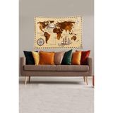 Ontheclouds Bej-Kahve Dünya Haritası Desenli Leke Tutmaz Kadife Kumaş Duvar Örtüsü Duvar Halısı Tapestry, 70 x 100