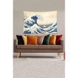Ontheclouds Bej-Mavi Katsushika Hokusai Serisi Leke Tutmaz Kadife Kumaş Duvar Örtüsü Duvar Halısı Tapestry, 70 x 100