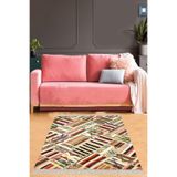 Ontheclouds Bej Patchwork Kırkyama Desenli Dijital Baskı Yıkanabilir Kaymaz Taban Etnik Salon Halısı, 180 x 180