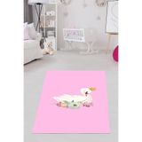 Ontheclouds Beyaz Kuğu Desenli Çiçekli Halı Dijital Baskı Yıkanabilir Kaymaz Taban Pembe Kız Çocuk Odası Halısı, 80 x 150