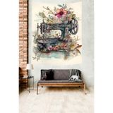 Ontheclouds Çiçekler Ve Dikiş Makinesi Vintage Leke Tutmaz Kumaş Duvar Örtüsü Duvar Halısı Tapestry, 70 x 100