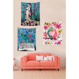 Ontheclouds Çiçekli Kuşlar Ve Kadın Sakin Relax Leke Tutmaz Duvar Örtüsü Duvar Halısı Tapestry 3'Lü Set, 35 x 50