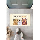 ontheclouds Dijital Baskılı Eat Sleep Woof Yazılı Köpek Desenli Dekoratif Kapı Önü Paspası, Krem-Siyah