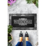 ontheclouds Dijital Baskılı Gümüş Welcome Yazılı Dekoratif Kapı Önü Paspası, Gri-Siyah-Beyaz