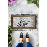 ontheclouds Dijital Baskılı Home Sweet Home Yazılı Kalp Figürlü Dekoratif Kapı Önü Paspası, Gri-Siyah-Gold