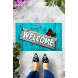 ontheclouds Dijital Baskılı Kapı Üzerine Welcome Yazılı Dekoratif Kapı Önü Paspası, Turkuaz