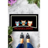 ontheclouds Dijital Baskılı Kuş Desenli Hoş Geldiniz Yazılı Dekoratif Kapı Önü Paspası, Siyah-Krem-Turkuaz