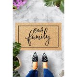 ontheclouds Dijital Baskılı Our Family Yazılı Siyah Çerçeveli Dekoratif Kapı Önü Paspası, Krem