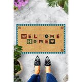 ontheclouds Dijital Baskılı Welcome Home Yazılı Düğme Desenli Dekoratif Kapı Önü Paspası, Mavi-Bej-Lacivert