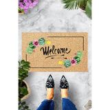 ontheclouds Dijital Baskılı Welcome Yazısı Çiçek Desenli Dekoratif Kapı Önü Paspası, Beyaz-Bej-Kahve