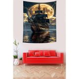 Ontheclouds Dolunay Ve Siyah Yelkenli Gemi Leke Tutmaz Kumaş Duvar Örtüsü Duvar Halısı Tapestry, 100 x 140