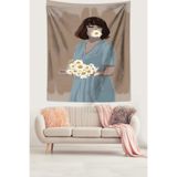 Ontheclouds Elinde Papatya Demeti Tutan Kız Leke Tutmaz Kumaş Duvar Örtüsü Duvar Halısı Tapestry, 140 x 140