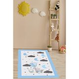 Ontheclouds Filli Uçan Balonlu Ay Bulutlu Dijital Baskı Yıkanabilir Kaymaz Taban Fil Desenli Bebek Odası Halısı, 80 x 200