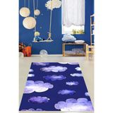 Ontheclouds Gece Mavisi Bulut Desen Yıkanabilir Kaymaz Taban Leke Tutmaz Çocuk Odası Halısı, 80 x 150