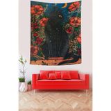 Ontheclouds Gece Siyahı Kedi Ve Çiçekler Leke Tutmaz Kumaş Duvar Örtüsü Duvar Halısı Tapestry, 140 x 230