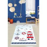 Ontheclouds Gemici Desenli Deniz Feneri Çapa Dijital Baskı Yıkanabilir Kaymaz Taban Çocuk Odası Denizci Halısı, 160 x 250