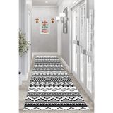 Ontheclouds Geometrik Çizgi Desenli Dijital Baskı Yıkanabilir Kaymaz Taban Etnik Kilim Desen Salon Halı, 100 x 250 Siyah-Beyaz-Gri