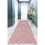 Ontheclouds Geometrik Karo Desenli Dijital Baskı Yıkanabilir Kaymaz Taban Etnik Kilim Desen Salon Halı, 80 x 600 Pembe