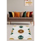 Ontheclouds Gold Şeritli Geometrik Desenli Yapraklı Dijital Baskı Yıkanabilir Kaymaz Taban Modern Salon Halısı, 60 x 200