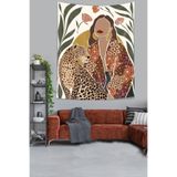 Ontheclouds Iskandinav Bohemian Leopar Ve Kız Art Çizim Leke Tutmaz Kumaş Duvar Örtüsü Duvar Halısı Tapestry, 70 x 100