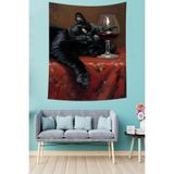 Ontheclouds Kadehte Şarap Ve Siyah Kedi Komik Leke Tutmaz Kumaş Duvar Örtüsü Duvar Halısı Tapestry, 100 x 140