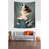 Ontheclouds Kafasında Kuş Uçan Kız Leke Tutmaz Kumaş Duvar Örtüsü Duvar Halısı Tapestry, 35 x 50