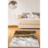Ontheclouds Kahverengi Mermer Desenli Gold Şeritli Dijital Baskı Yıkanabilir Kaymaz Taban Modern Salon Halısı, 160 x 160
