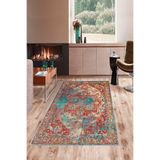 Ontheclouds Kırmızı Vintage Desen Çerçeveli Yıkanabilir Kaymaz Taban Leke Tutmaz Modern Salon Halısı Ve Yolluk, 80 x 300