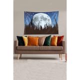 Ontheclouds Mavi-Beyaz Ay Ve Çam Ağaçlı Leke Tutmaz Kadife Kumaş Duvar Örtüsü Duvar Halısı Tapestry, 140 x 230