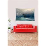 Ontheclouds Mavi Fırtınadaki Gemi Desenli Leke Tutmaz Kadife Kumaş Duvar Örtüsü Duvar Halısı Tapestry, 140 x 230
