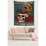 Ontheclouds Müzkle Hayat Çok Güzel Iskelet Kurukafa Leke Tutmaz Kumaş Duvar Örtüsü Duvar Halısı Tapestry, 70 x 100