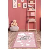 Ontheclouds Pembe Bulut Üzerinde Sevimli Fil Ve Kuzu Yıkanabilir Kaymaz Taban Leke Tutmaz Çocuk Odası Halısı, 80 x 50