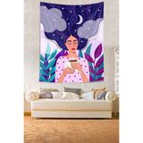 Ontheclouds Saçlarındaki Ay Kahve Içen Kız Leke Tutmaz Kumaş Duvar Örtüsü Duvar Halısı Tapestry, 70 x 70