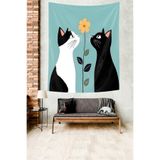 Ontheclouds Siyah Beyaz Kediler Çiçek Desen Leke Tutmaz Kumaş Duvar Örtüsü Duvar Halısı Tapestry, 100 x 140