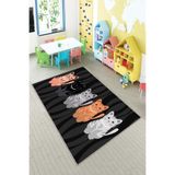 Ontheclouds Siyah Kedi Desenli Çocuk Yıkanabilir Kaymaz Taban Leke Tutmazbebek Ve Çocuk Odası Halısı, 100 x 300 AYC132F