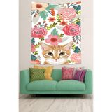 Ontheclouds Suluboya Çiçekler Ve Sevimli Kedi Leke Tutmaz Kumaş Duvar Örtüsü Duvar Halısı Tapestry, 70 x 100