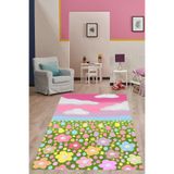 Ontheclouds Suluboya Floral Ve Bulut Desen Yıkanabilir Kaymaz Taban Leke Tutmaz Çocuk Odası Halısı, 160 x 350