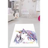 Ontheclouds Unicorn At Desenli Dijital Baskı Yıkanabilir Kaymaz Taban Beyaz Çocuk Odası Halısı, 80 x 250