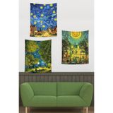 Ontheclouds Van Gogh Sokak Ve Ayçiçeği Tarlası Köy Leke Tutmaz Duvar Örtüsü Duvar Halısı Tapestry 3'Lü Set, 35 x 50