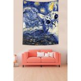 Ontheclouds Van Gogh Yıldızlı Gökyüzü Ve Şirin Kedi Leke Tutmaz Kumaş Duvar Örtüsü Duvar Halısı Tapestry, 35 x 50