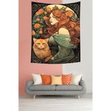 Ontheclouds Vintage Kedi Ve Kız Leke Tutmaz Mikropetek Kumaş Duvar Örtüsü Duvar Halısı Tapestry, 70 x 100