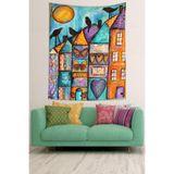 Ontheclouds Yanyana Dizili Evler Gece Kuşlar Çiçekler Leke Tutmaz Kumaş Duvar Örtüsü Duvar Halısı Tapestry, 140 x 140