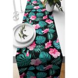 ontheclouds Yeşil Büyük Yaprak Pembe Çiçek Leke Tutmaz Kumaş Masa Runner 40x140 cm, NSRNNR13